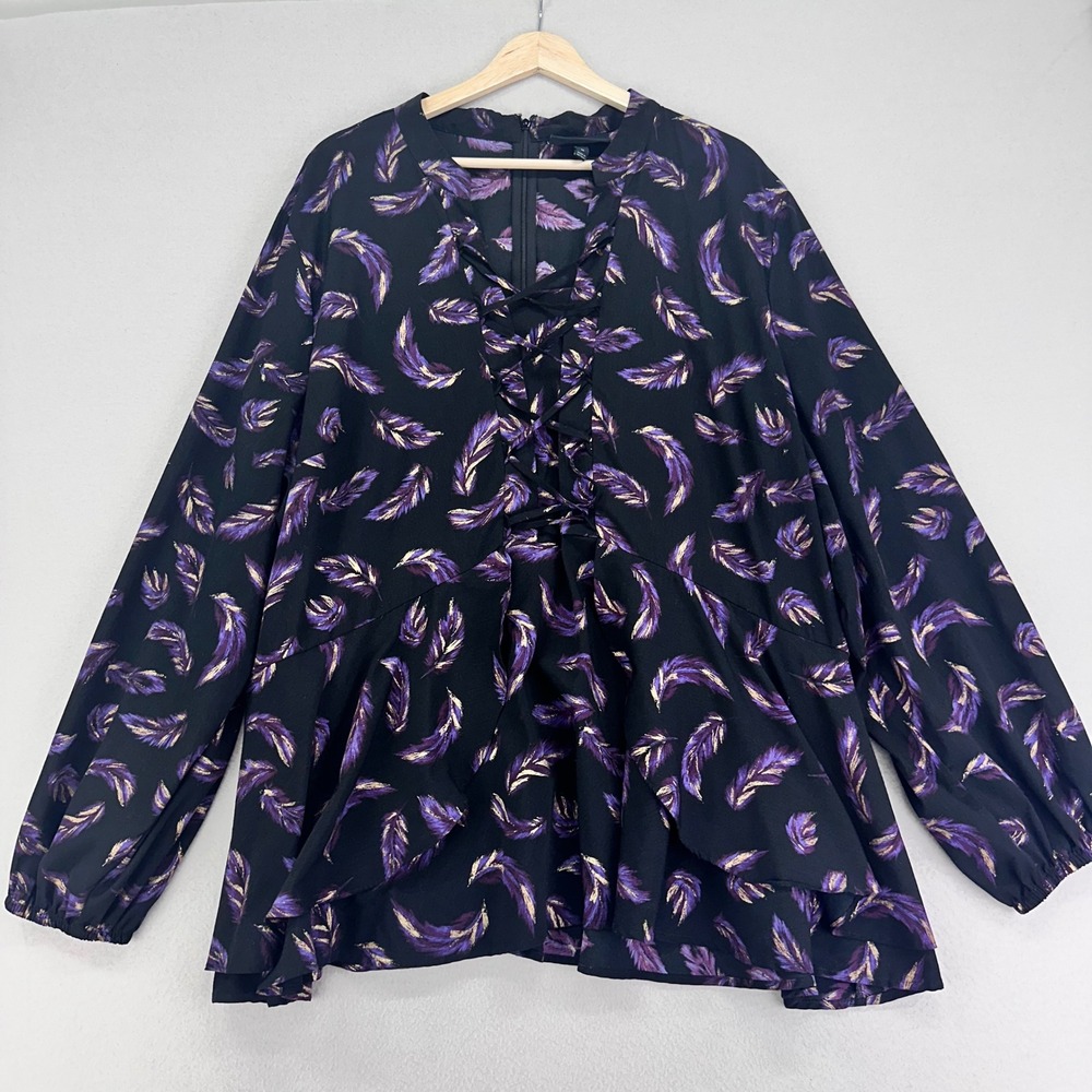Lane Bryant Blouse Womens 26 Black Purple Feather Long Sleeve Whimsigoth